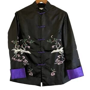 VTG Chinese ETHOS Embroidered Kimono Jacket Black Satin Mandarin Women SZ Med
